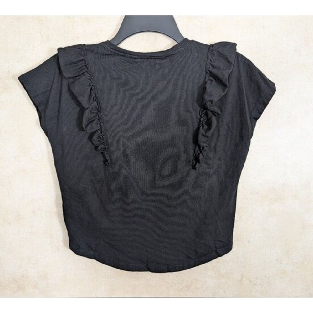 H&M Girls 8/10 Black Ruffle Crew Neck Short Sleeve Cotton Tee Shirt Top - Picture 3 of 8